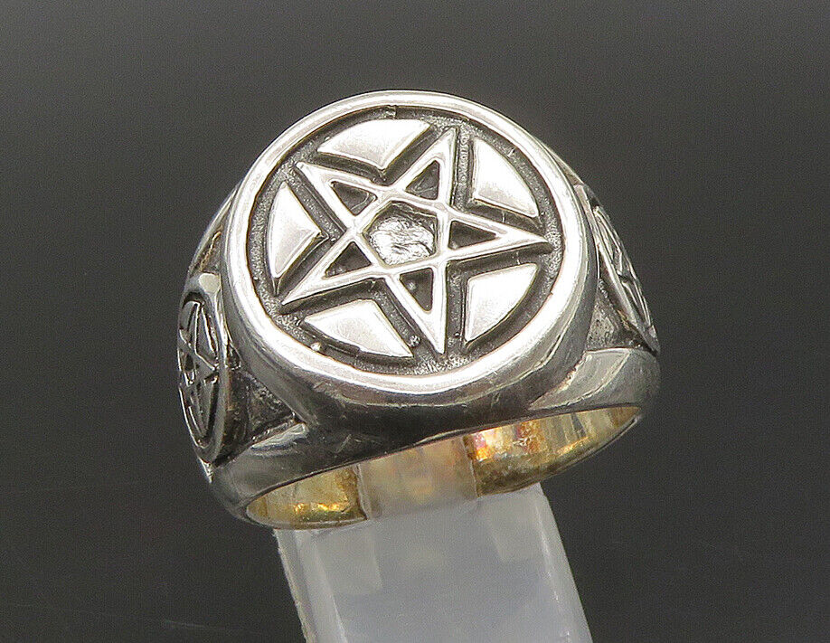 925 Sterling Silver - Vintage Masonic Pentagram Star Band Ring Sz 12.5 - RG23186