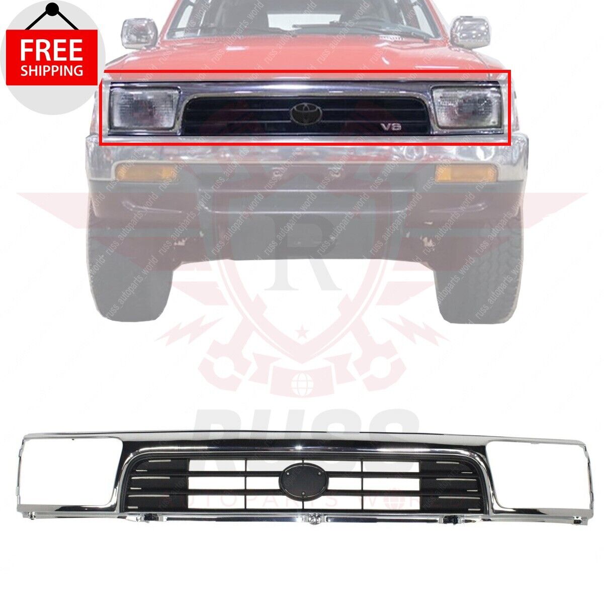 New Front Grille Chrome Shell with Primed Insert Fits 1992-1995 Toyota 4Runner