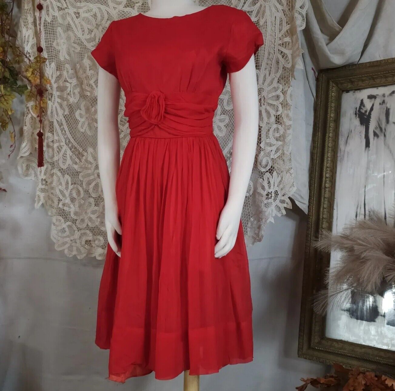 Vintage 1960\'s Dress Red Chiffon Short Sleeve Fit and Flare Back Zip Pinup Mod 