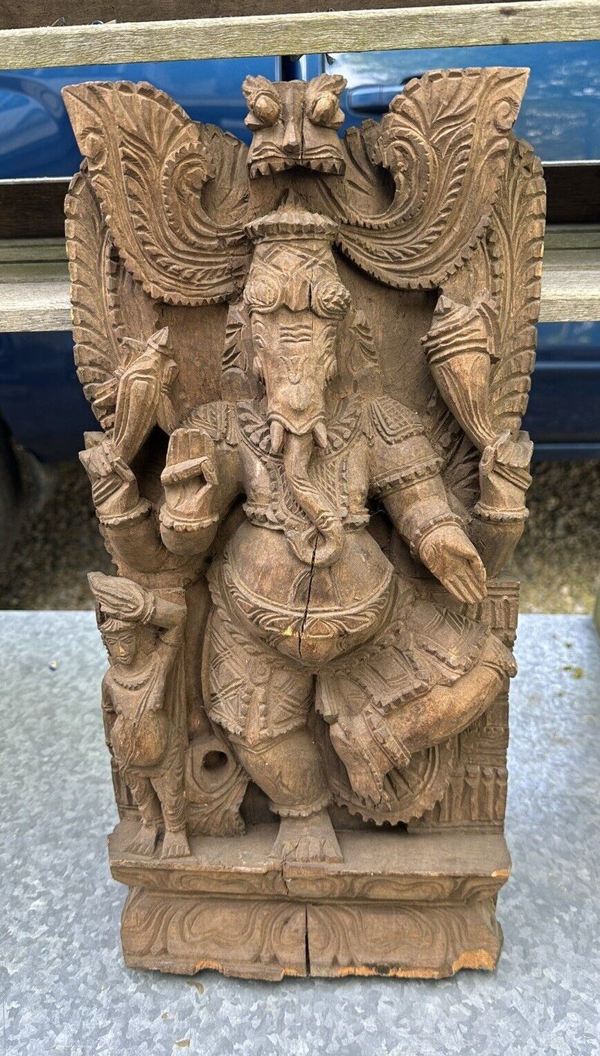 Vintage Heavily Carved Wooden Plaque with Figural Ganesha