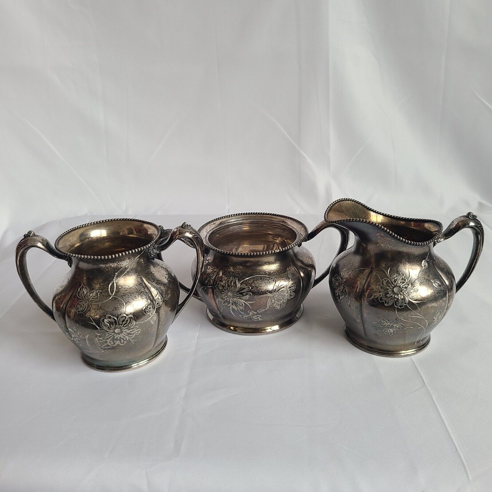 Pairpoint Mfg Quadruple Silver Plate Antique Sugar Bowl Creamer & Vase Set Vtg