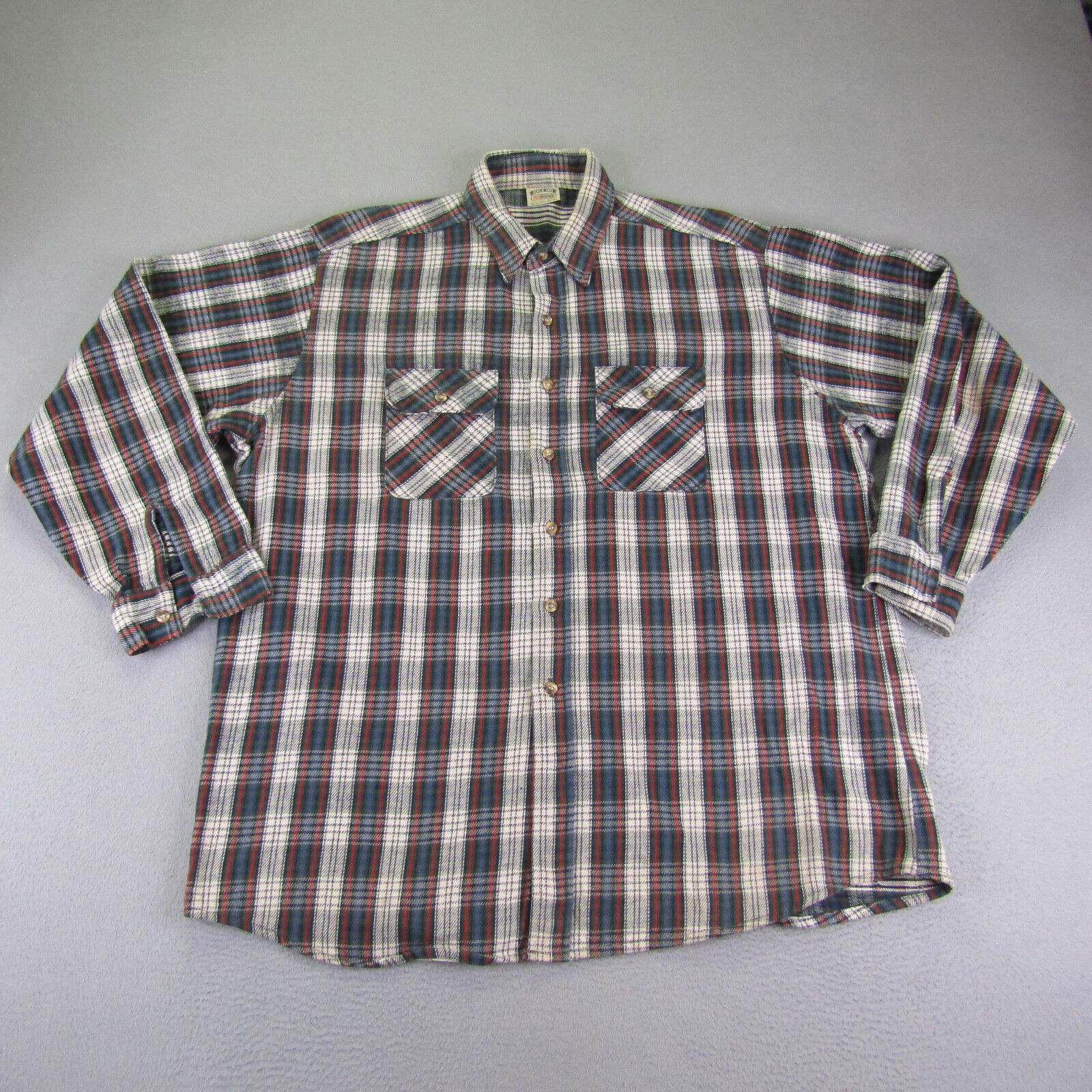 Vintage Five Brother Shirt Mens XXL Tall Man Blue Gray Plaid Flannel Button Up ^