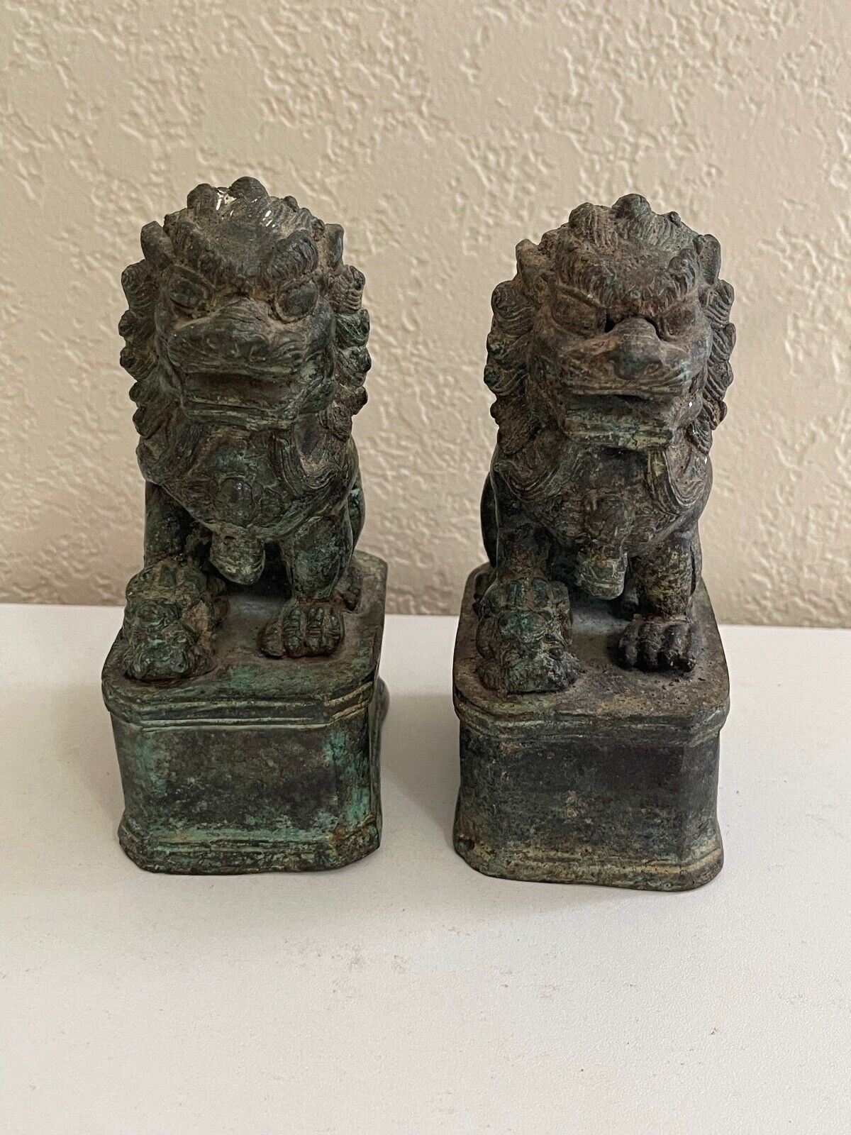 Chinese Unknown Age Pair of Bronze Foo Dog Statues w/ Old Auction Sticker