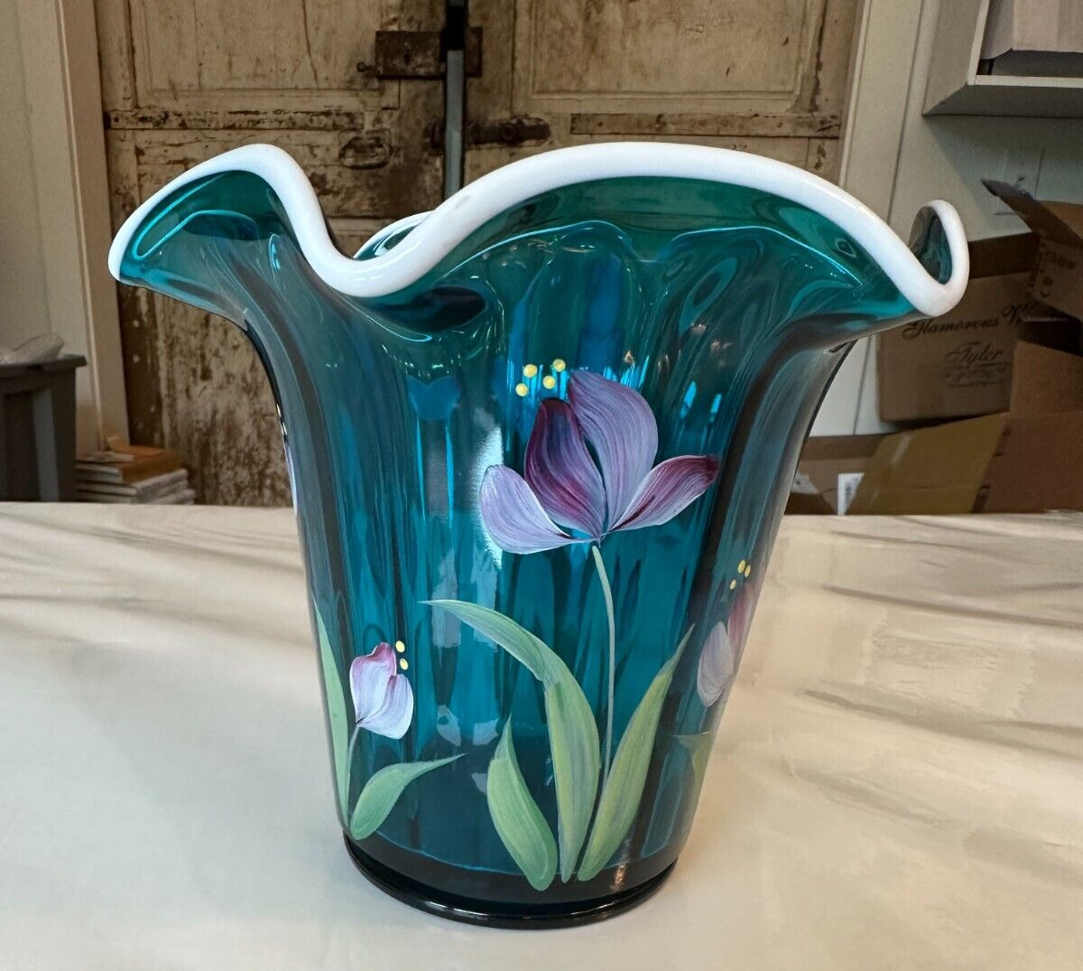 G Fenton Heirloom Optics Aqua Floral Vase Hand Paint 2003 Signed  6” Unique Read