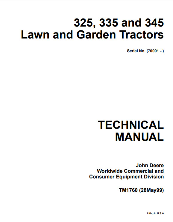 John Deere 325 335 345 Lawn Garden Tractor Technical Manual PDF/USB - TM1760