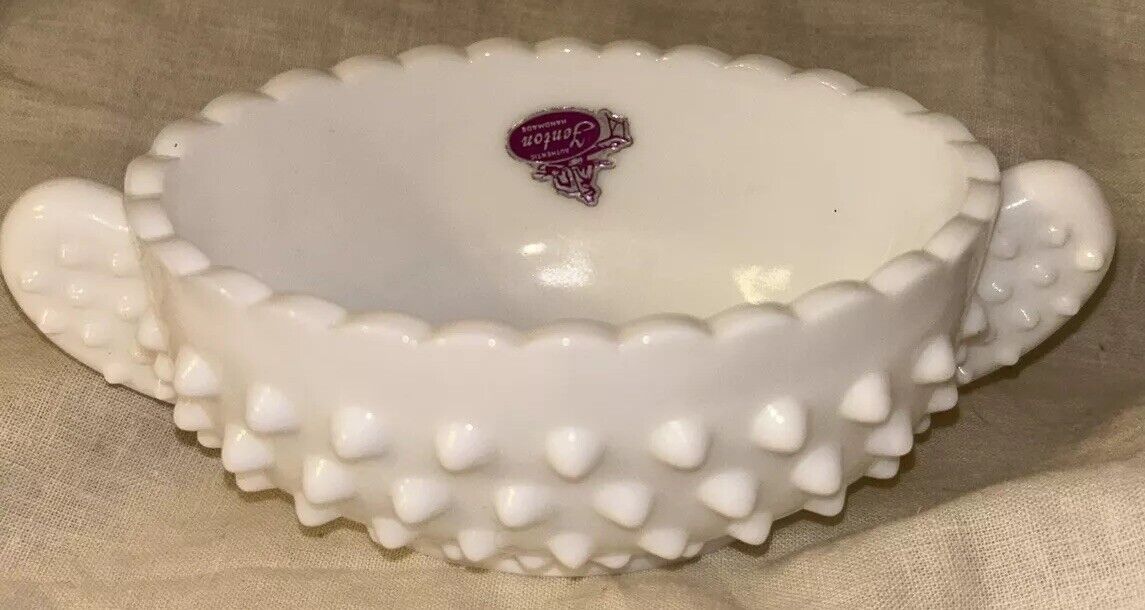 Vintage Fenton Hobnail Milk Glass Candy Dish White Handles Trinket Display
