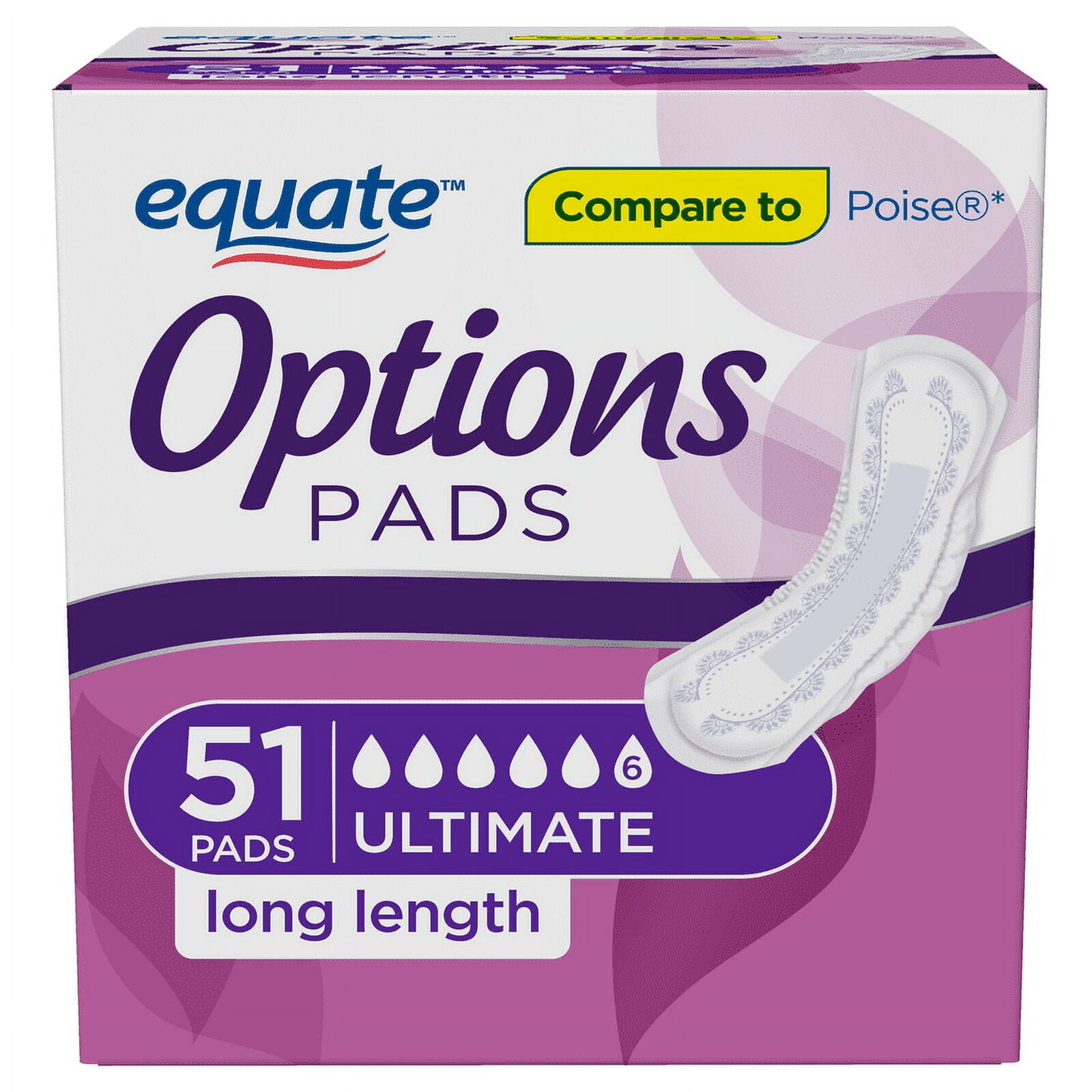 Equate Options Women's Incontinence Pads, Long Length (51 Count)