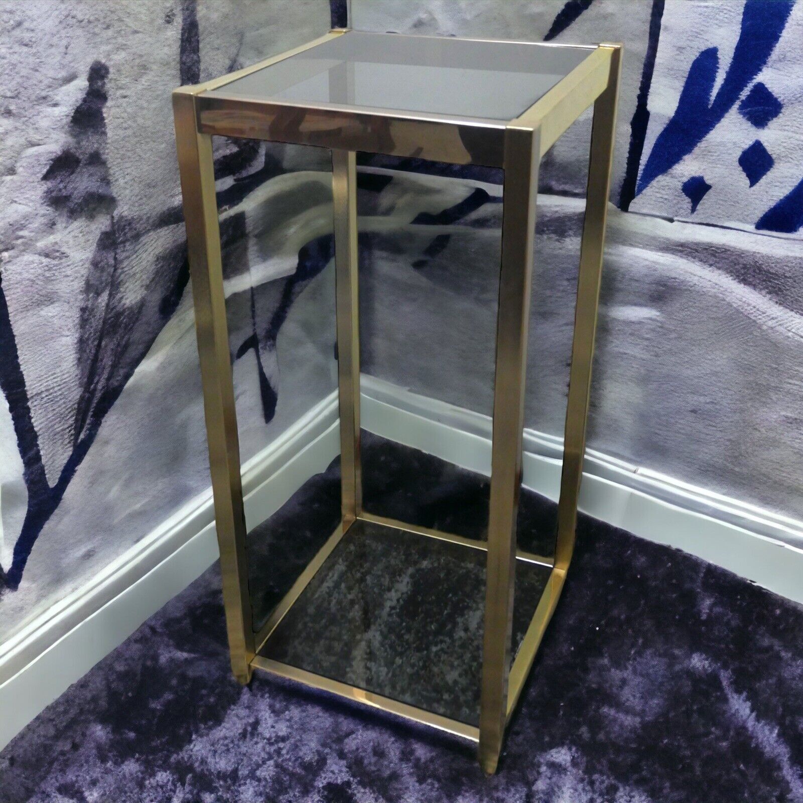 Vintage 1970\'s French Post-Modern Brass/ Smoked Glass Square Two-Tier Pedestal