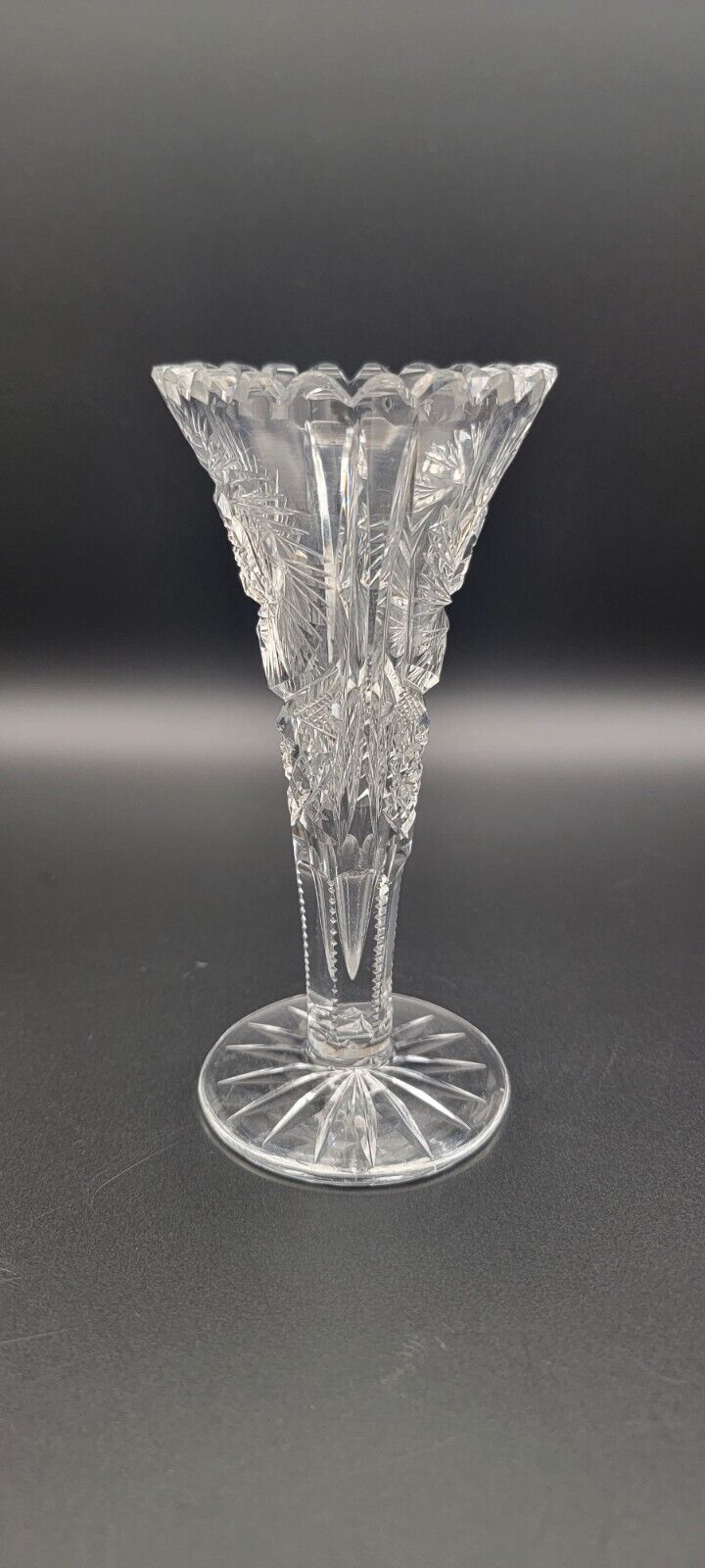 Vintage ABP American Brilliant Period Cut Glass Trumpet Sawtooth Vase 