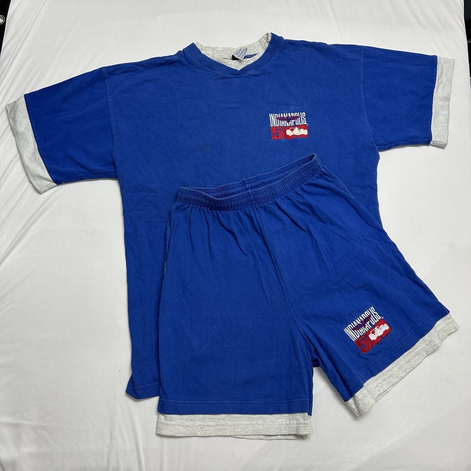 Vintage Midwest Embroidery Indianapolis 500 Matching Blue Shirt And Shorts SET L