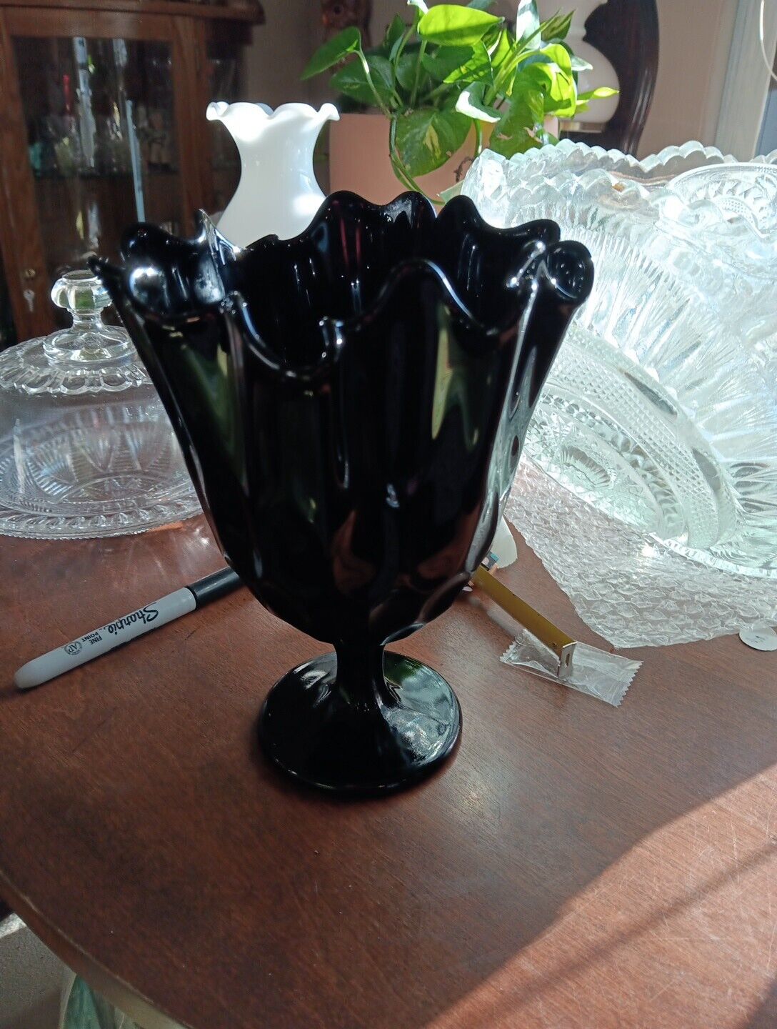 Vintage Fenton ? Black Art Glass Thumbprint Ruffled Swung Rim Handkerchief Vase