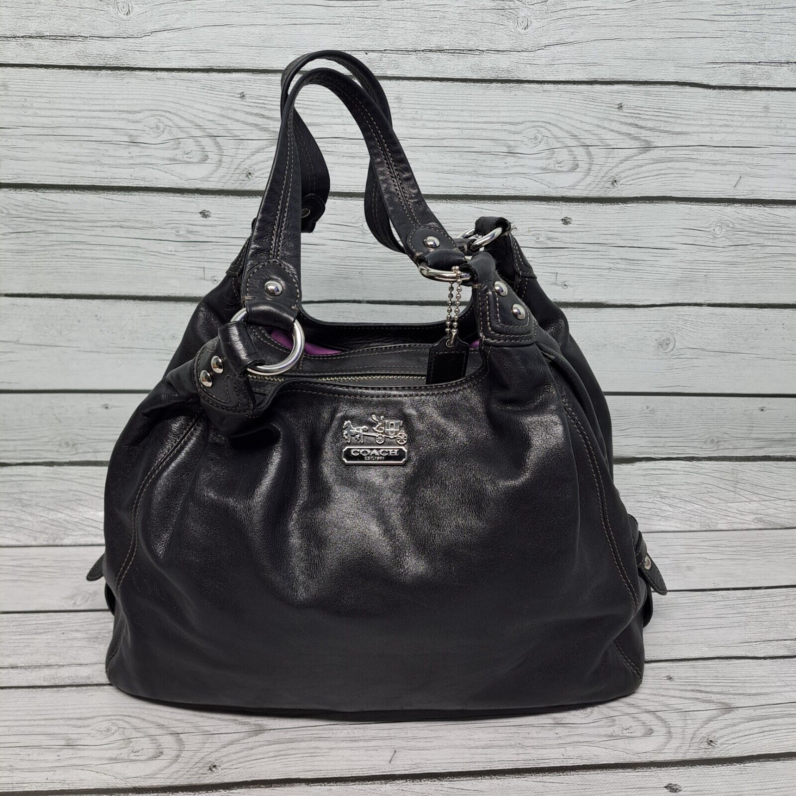 COACH Maddison Maggie Handbag Purse Hobo Leather Black Purple