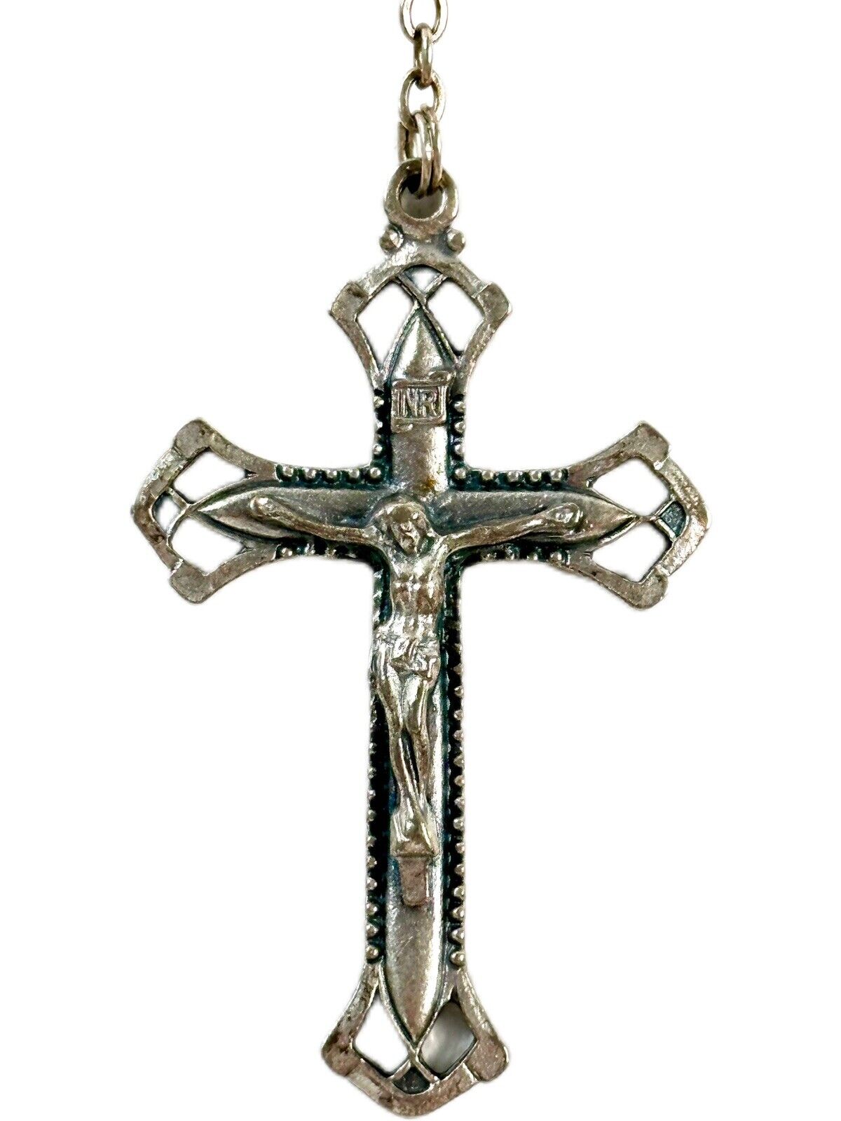 Vintage Italian Religious Rosary Roman Catholic Silver Tone Glass Beads Crucifix