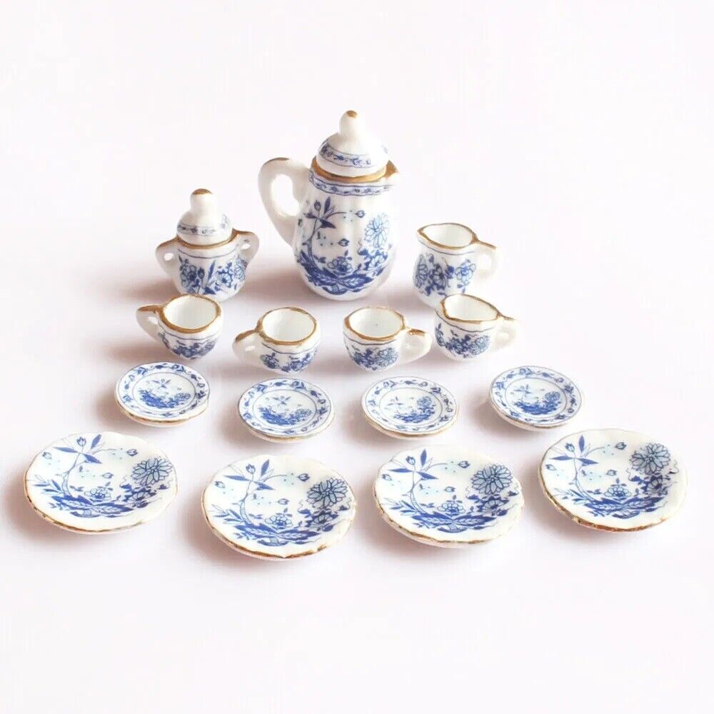 1/12 Dollhouse Miniature Blue and White Porcelain Tea Set Floral Print Ceramics