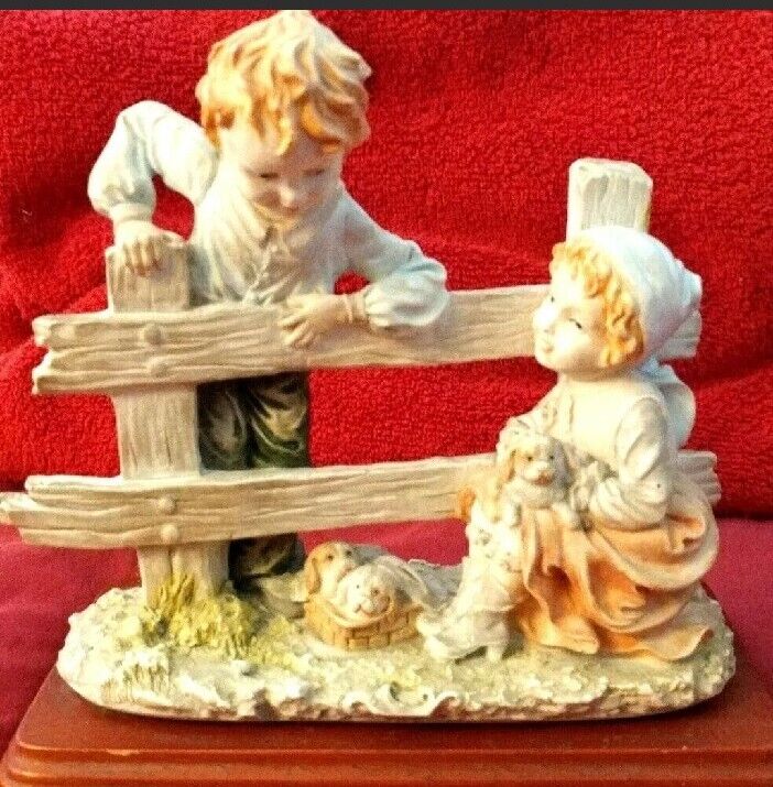 Rare Antique Porcelain Capodimonte Figurine Boy & Girl with Puppies in Basket