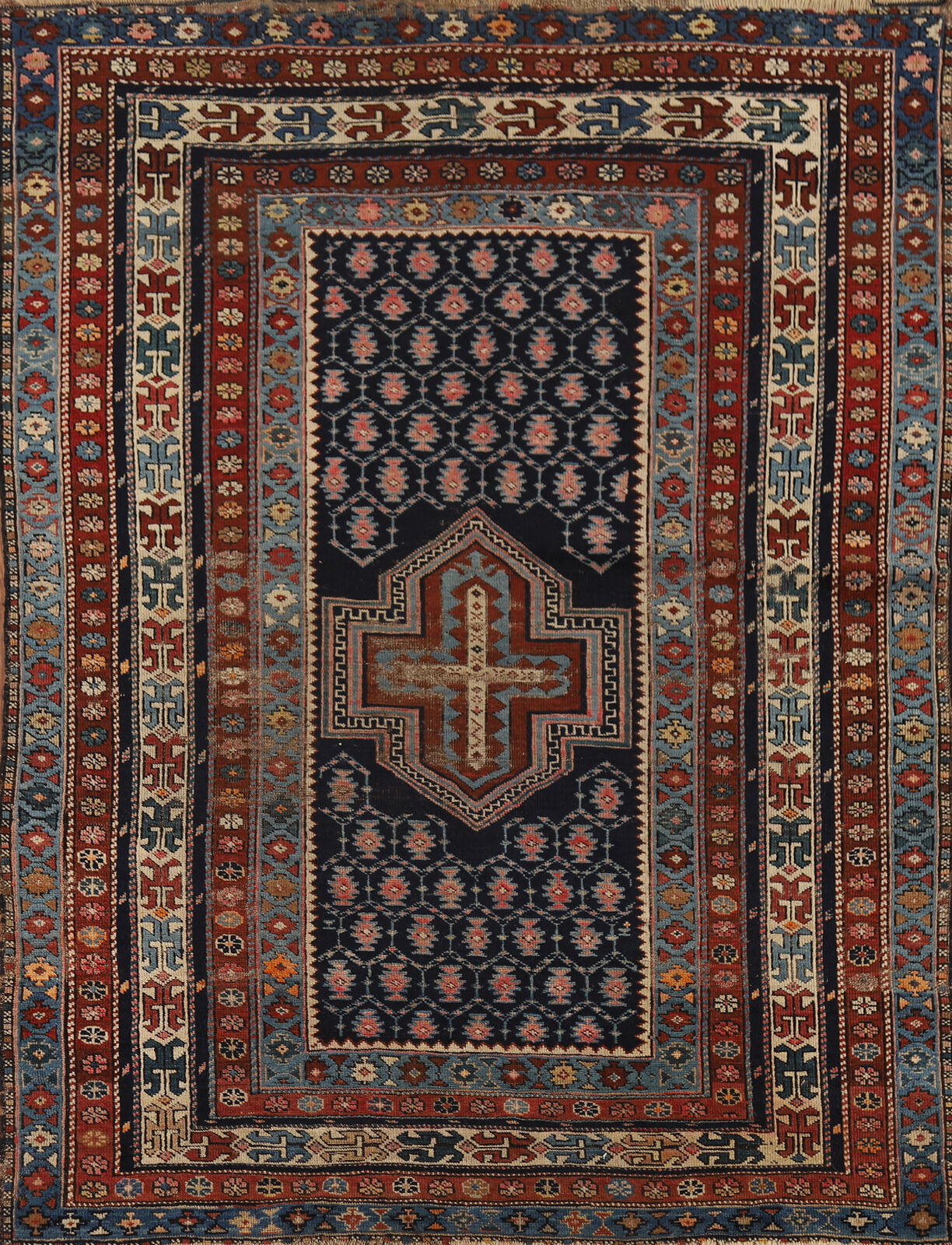Navy Blue Pre-1900 Antique Kazak Vegetable Dye Rug 4x5 Handmade Wool Carpet