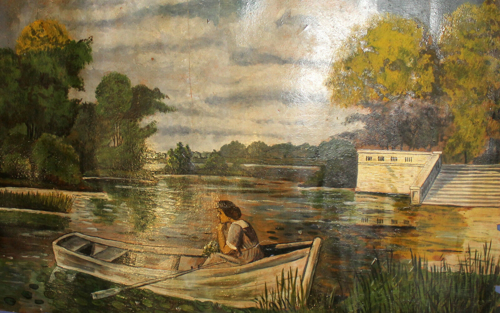 Antique impressionist oil painting river landscape boat