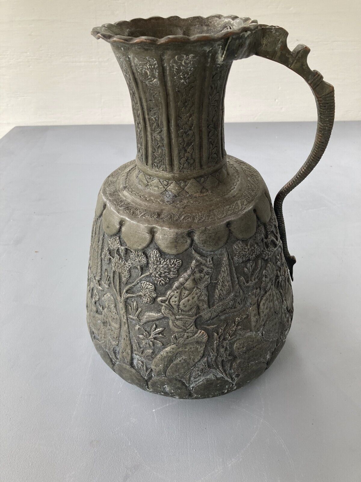 old antique Persian or middle east large tinned copper jug *flaws*