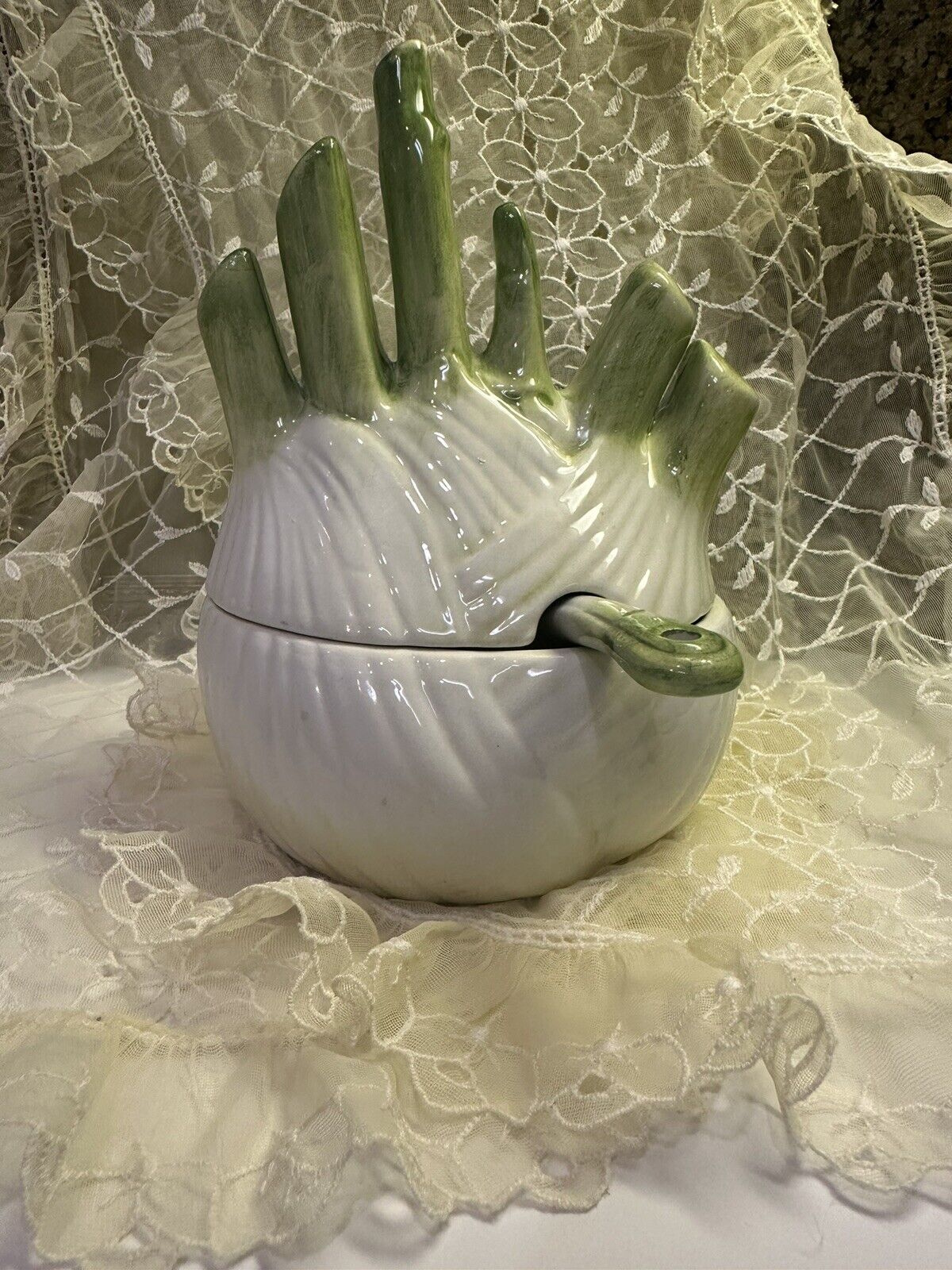 Vintage Fennel Shaped Gravy Boat With Spoon 