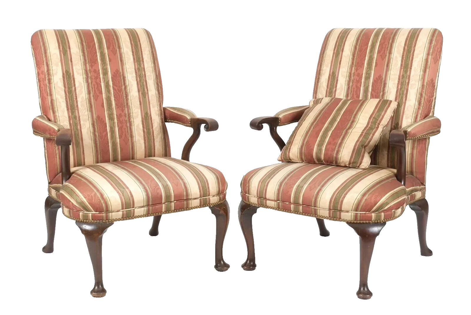 Pair of Georgian Queen Anne Style Mahogany Upholstered Arm Chairs Damask Fabric