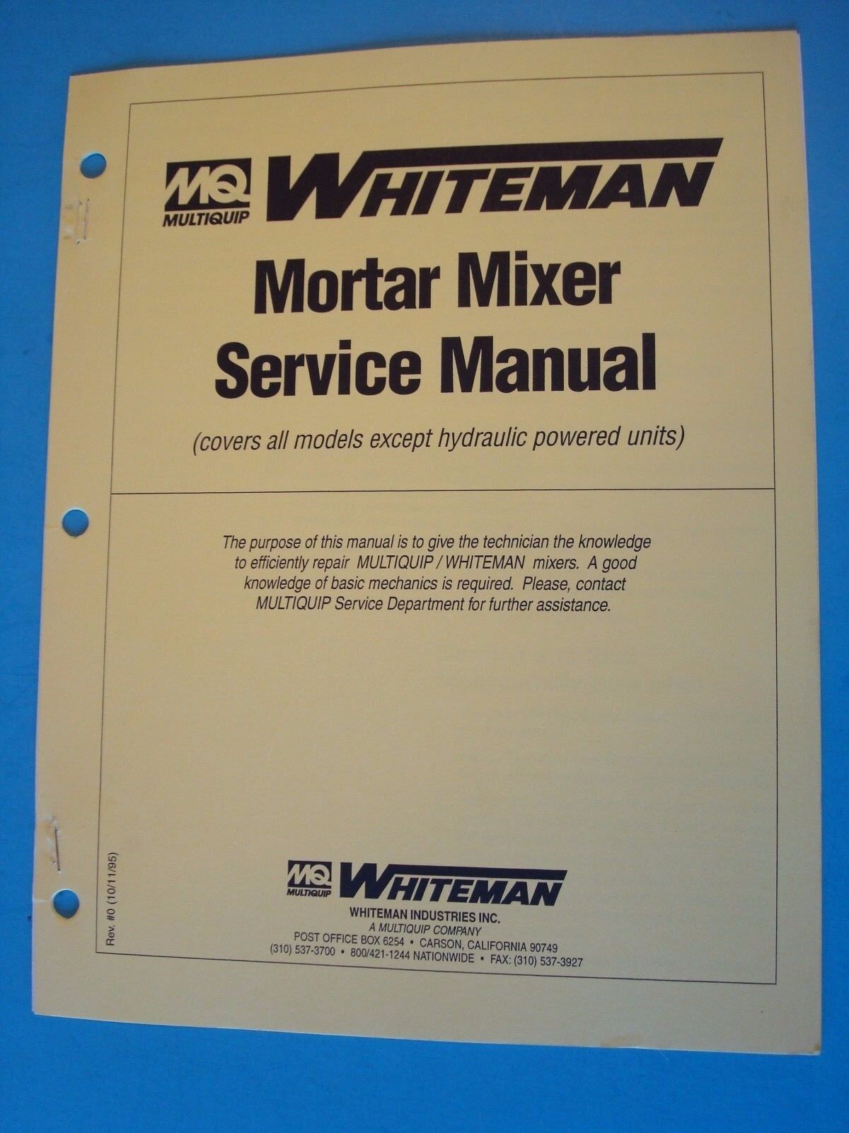 MQ Whiteman Mortar Mixer Service Man.(all models except hydraulic powered) 1995
