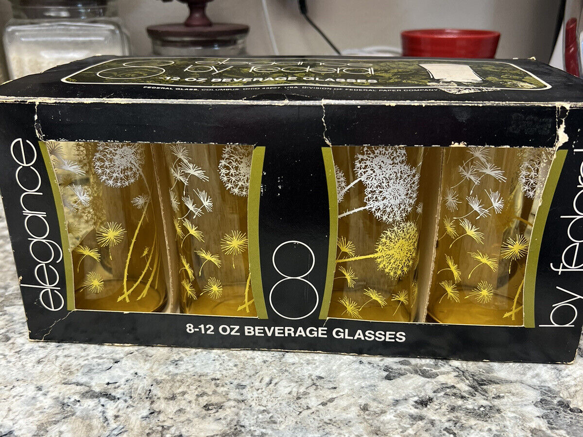 Set of 8 (12oz)w/box Elegance by Federal Drinking Glasses with Dandelions