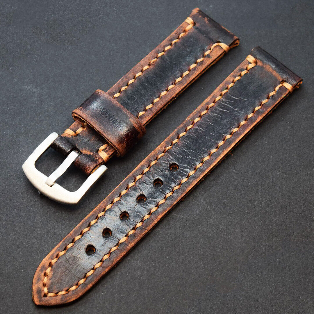 Vintage  distressed leather watch strap 18-26 mm handcrafted veg tanned band