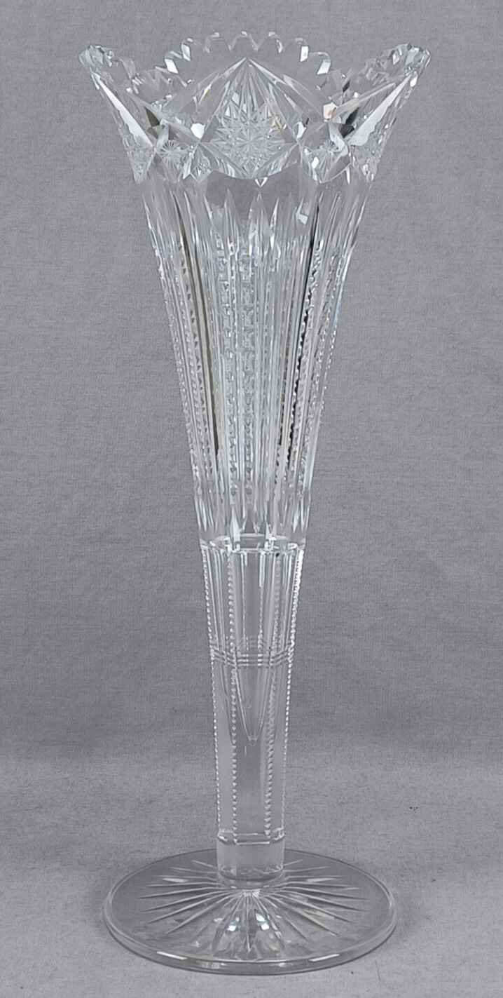 ABP American Brilliant Hobstars Zipper & Line Cut Glass Trumpet 14 Inch Vase