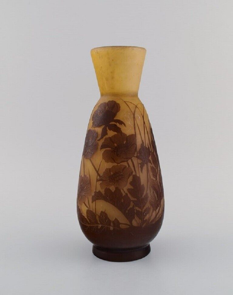 Antique Emile Gallé vase in dark yellow and light brown art glass.
