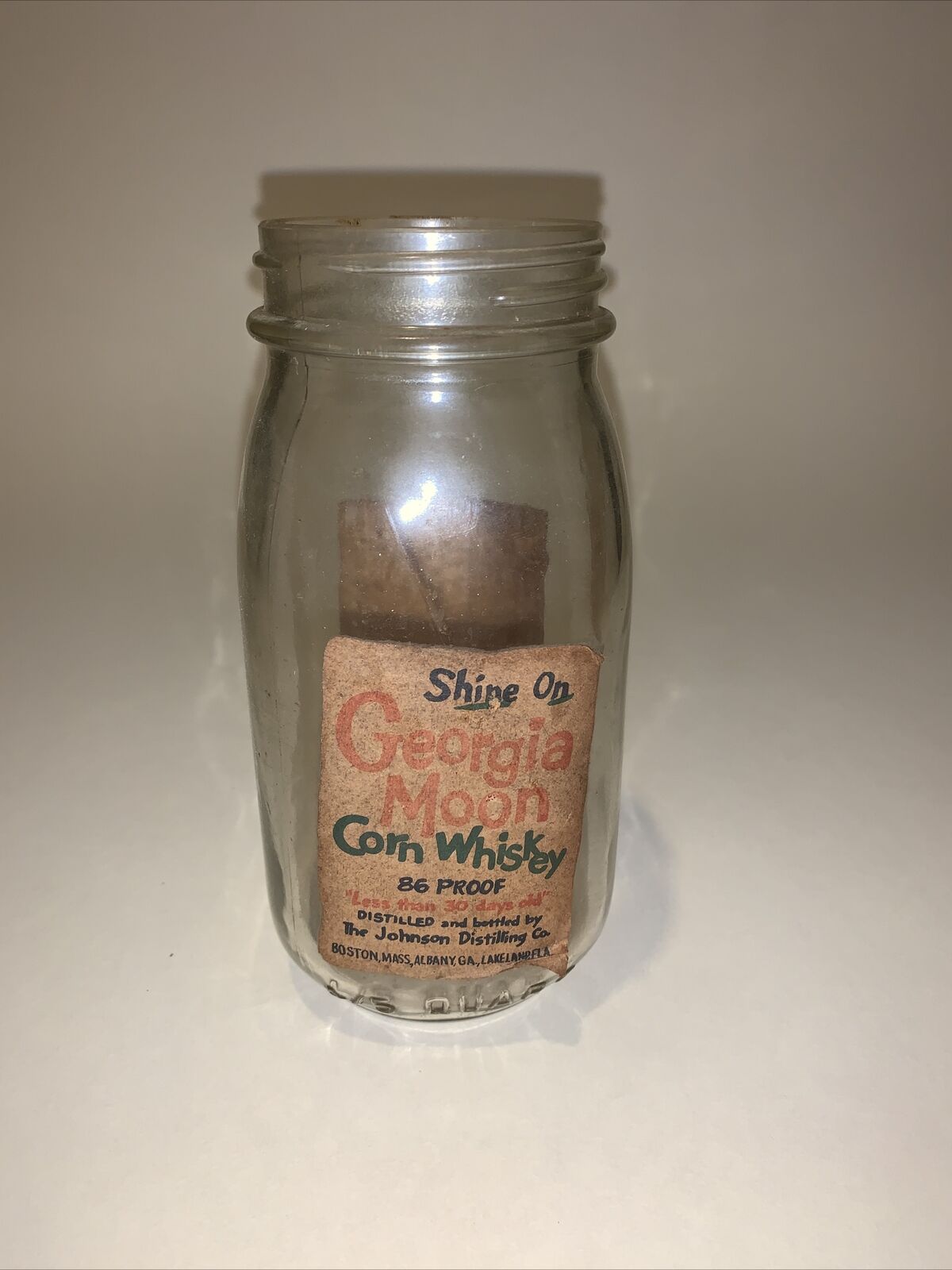 Vintage Corn Whiskey Glass Jar Georgia Moon Moonshine Johnson Distilling Co