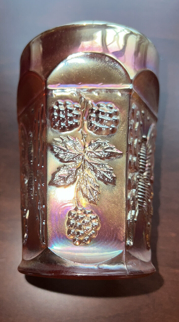 VINTAGE Fenton Marigold Carnival Glass Butterfly & Berries Pattern 4” Tumbler