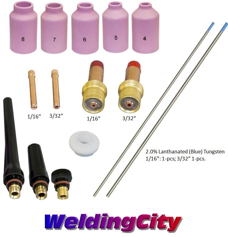 TIG Welding Torch 17/18/26 Gas Lens Kit 1/16-3/32 Tungsten (Blue) T53B US Seller