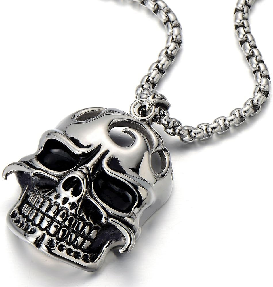 Mens Large Biker Skull Pendant Necklace Stainless Steel Silver Black Polished wi