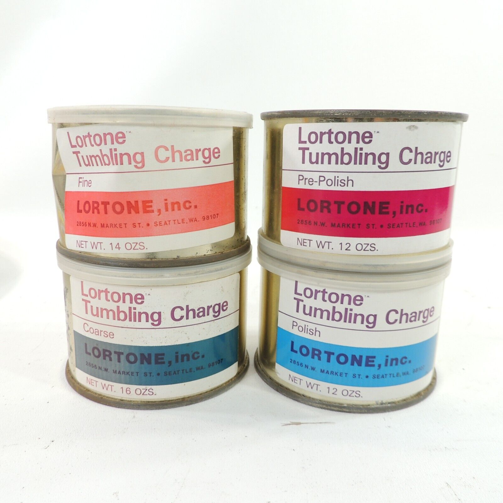4 Vintage Cans Lortone Tumbling Charge Pre-Polish Fine Coarse, New Old Stock