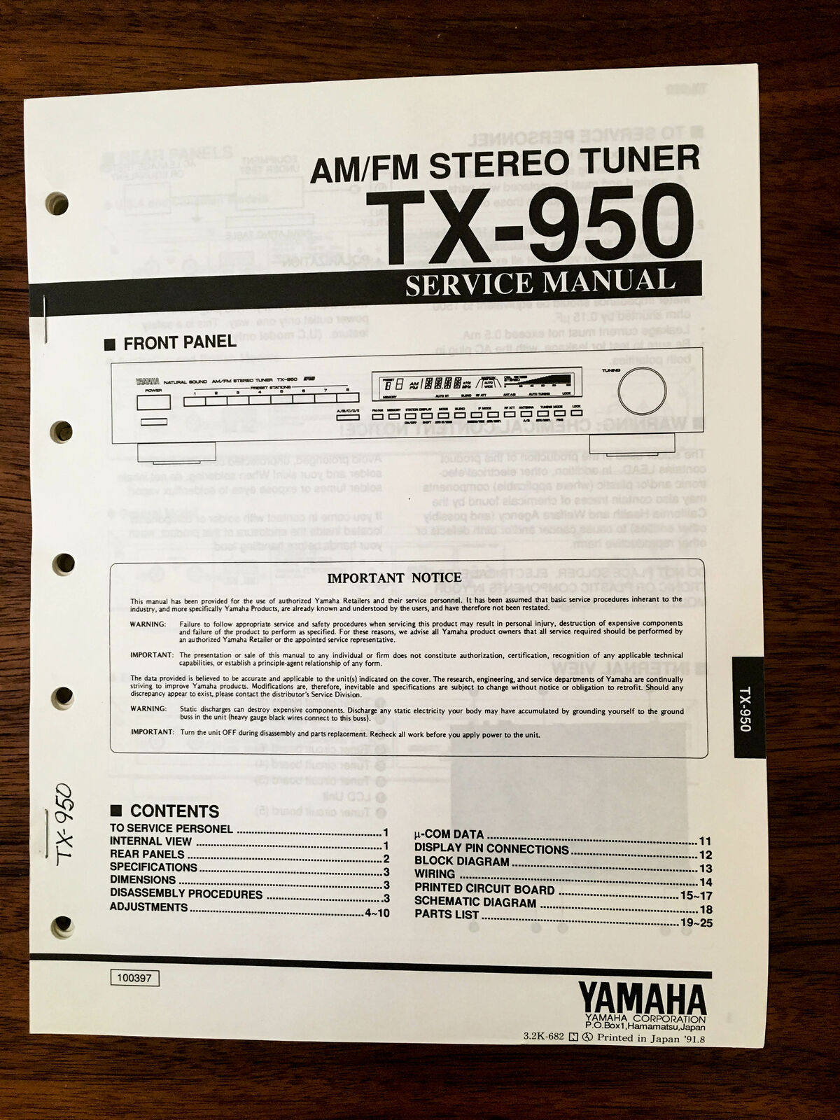 Yamaha TX-950 TUNER Service Manual *Original*
