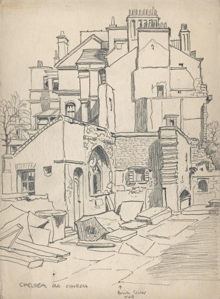 CHELSEA OLD CHURCH LONDON Pencil Drawing - c1948 - WW2 BLITZ DAMAGE