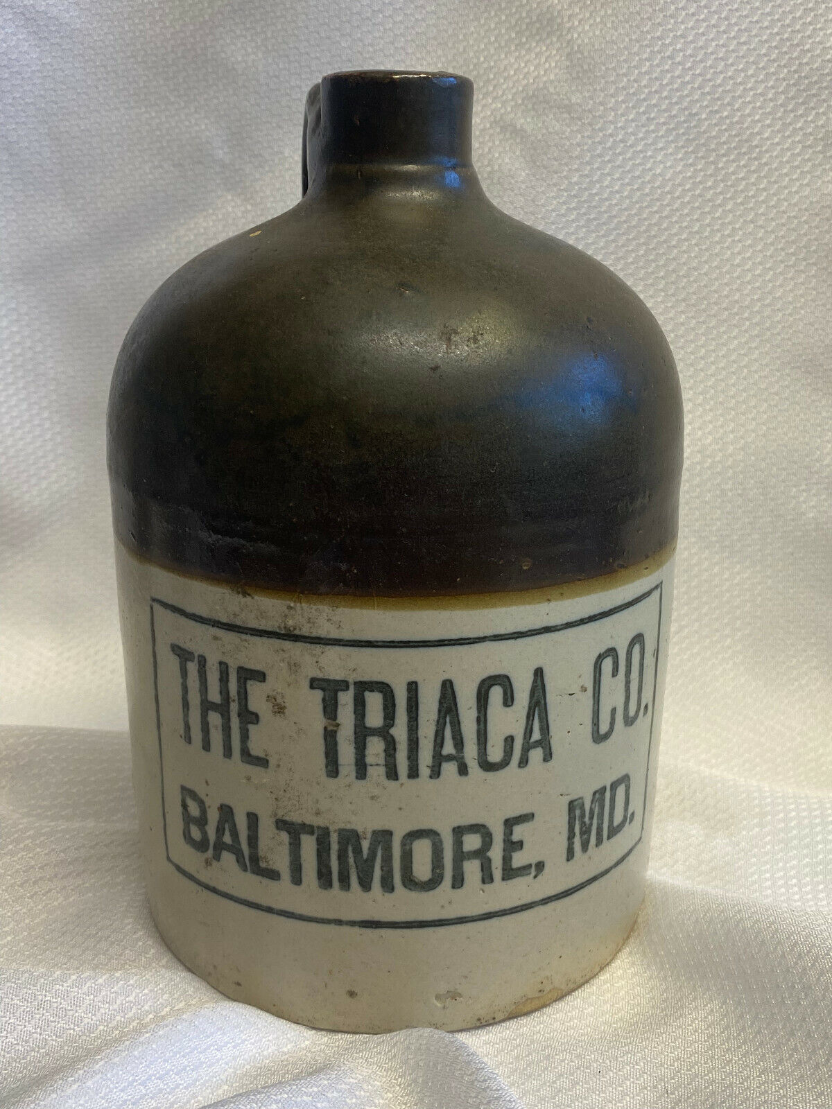Vtg The Triaca Co. Brewery Baltimore , MD Stoneware Handled Jug Brown And White 