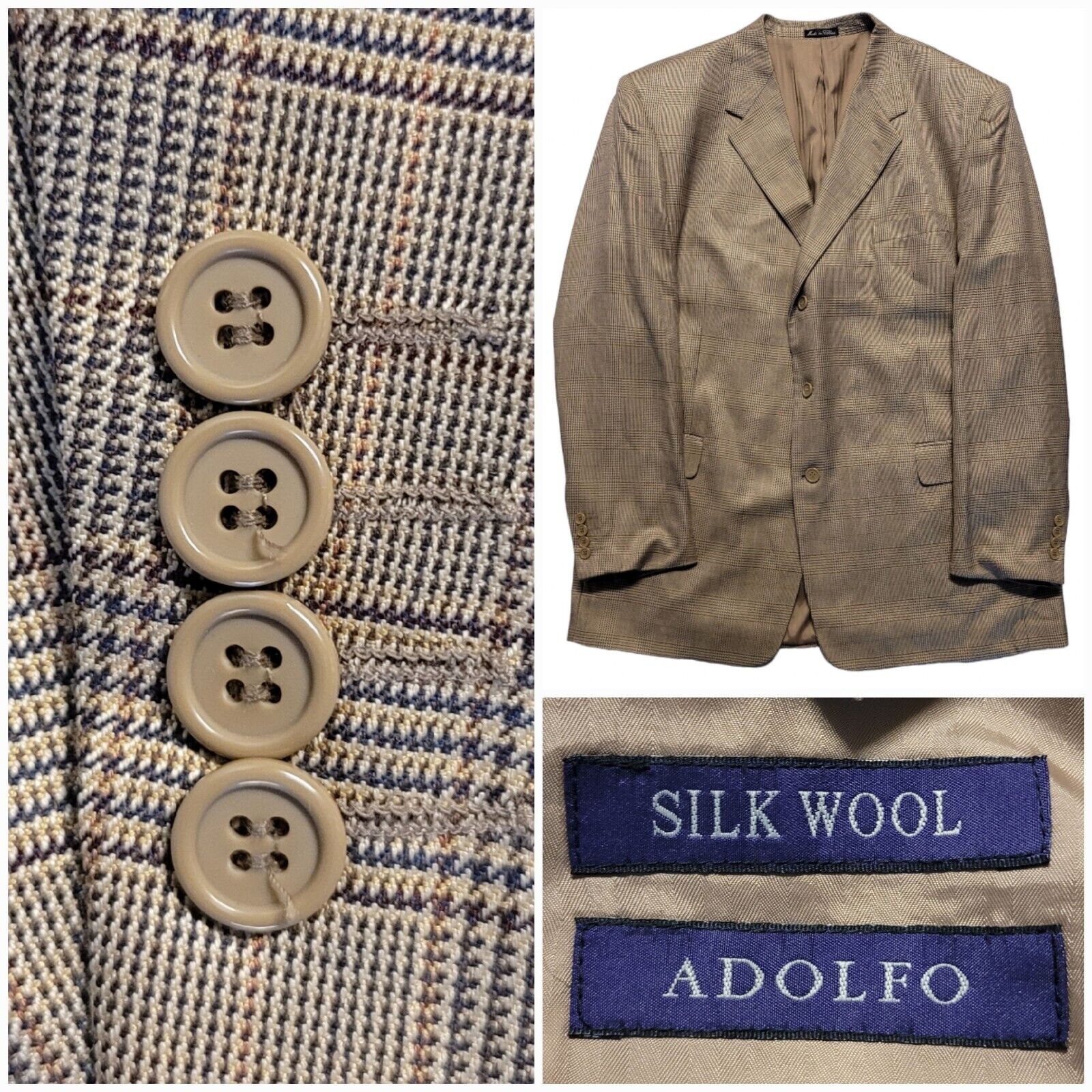 Vintage Tweed Sport Coat Men 48L Beige Suit Jacket 2 Button Houndstooth Blazer 