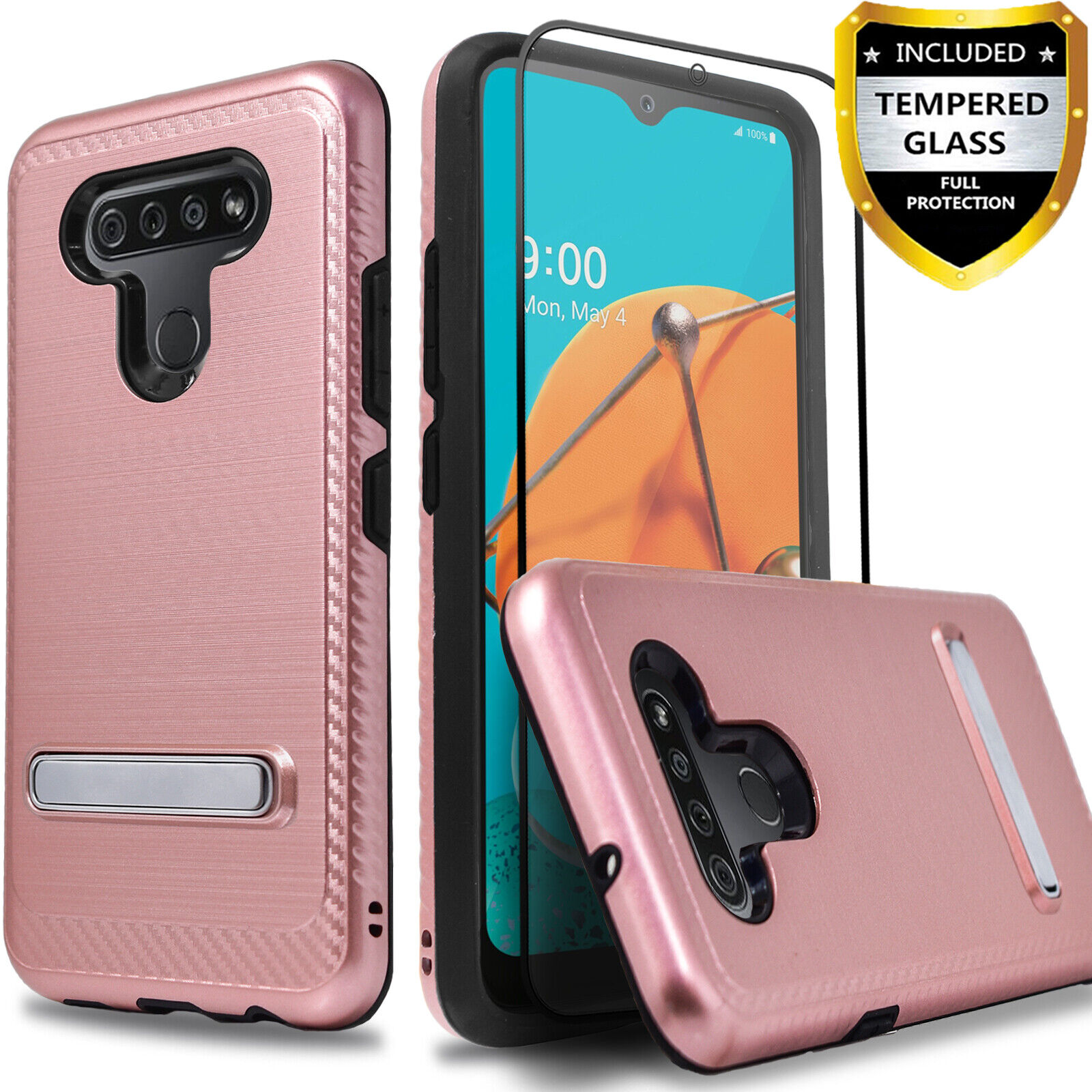 For LG K51 / Reflect L555DL Case Built Kickstand Cover +Tempered Glass Protector