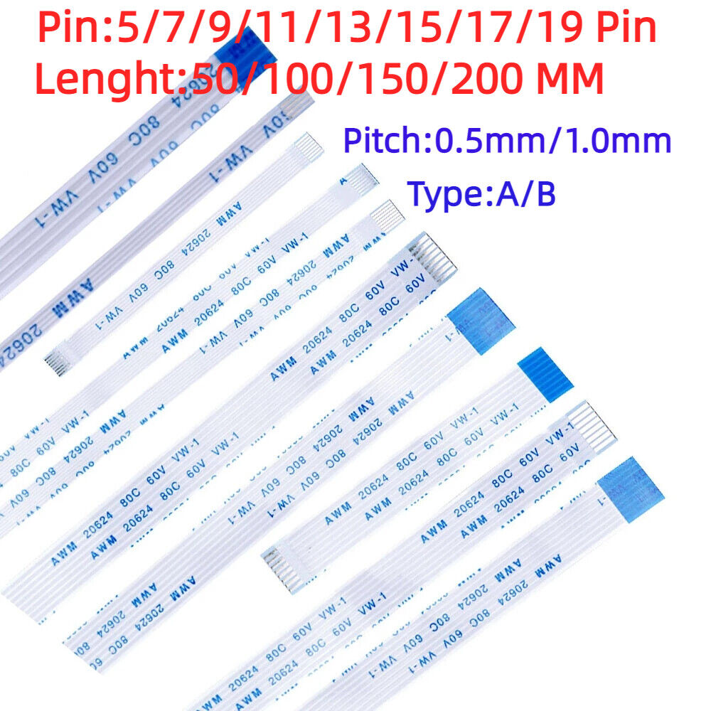 10Pcs FPC Ribbon Flexible Flat FFC Cable 5/7/9/11/13/15/17/19 Pin 1.0mm 0.5mm