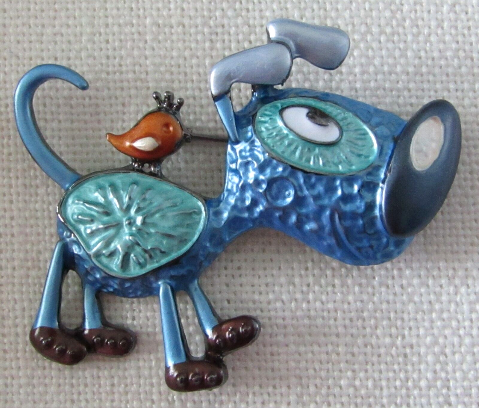 Dog Brooch Pin Blue with Bird Multi-Colored Features Enamel on Metal