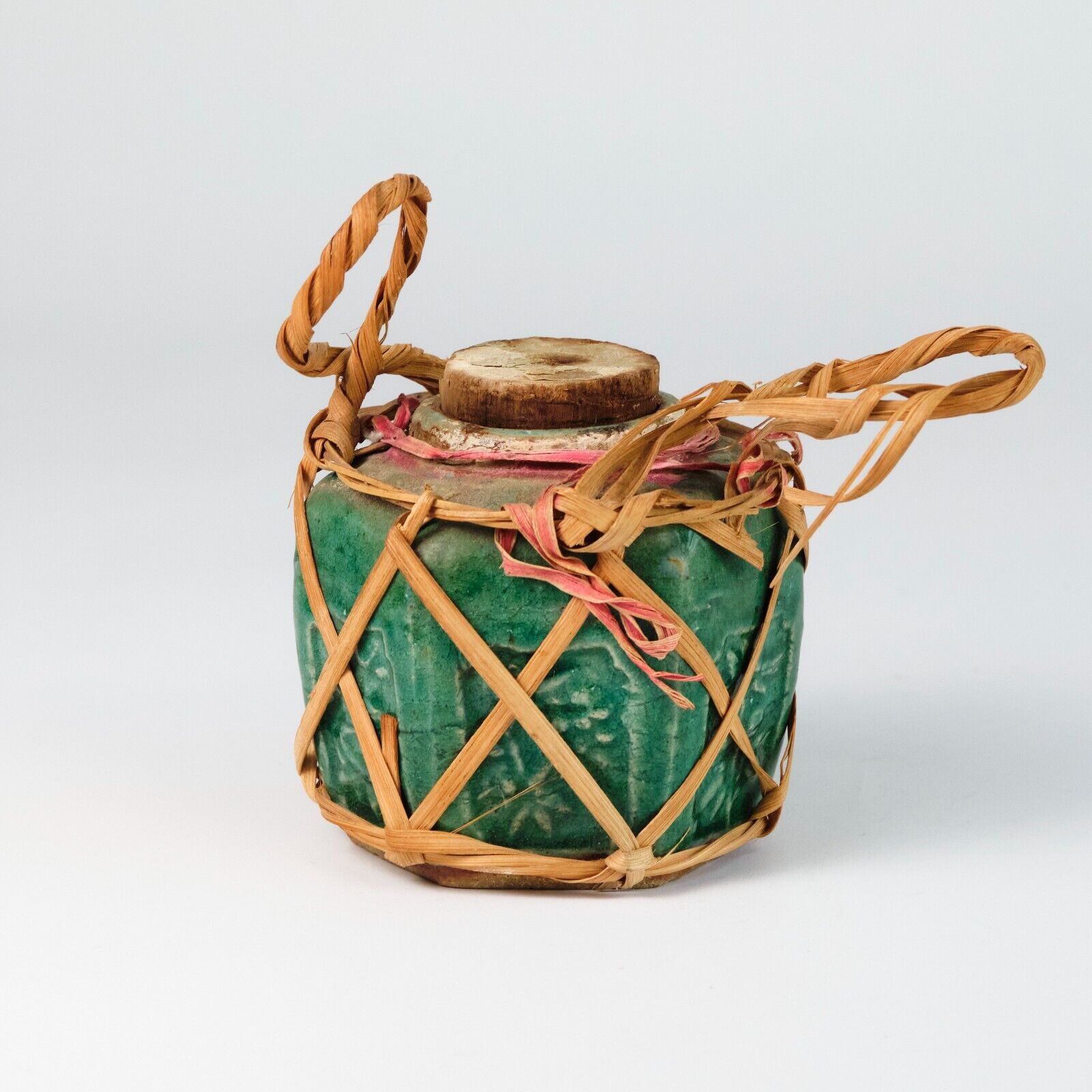 Antique Chinese Shiwan Green Glaze Pottery Lidded Jar w Original Basket China