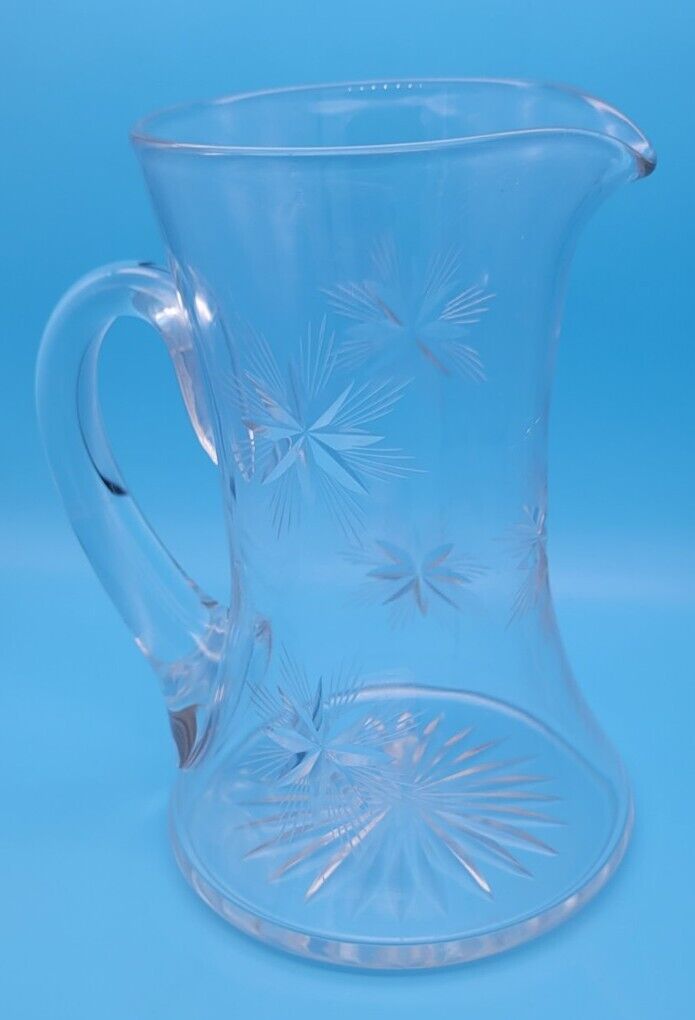 Antique American Brilliant Bethlehem Star Cut Glass Crystal Pitcher 8.5” Etched