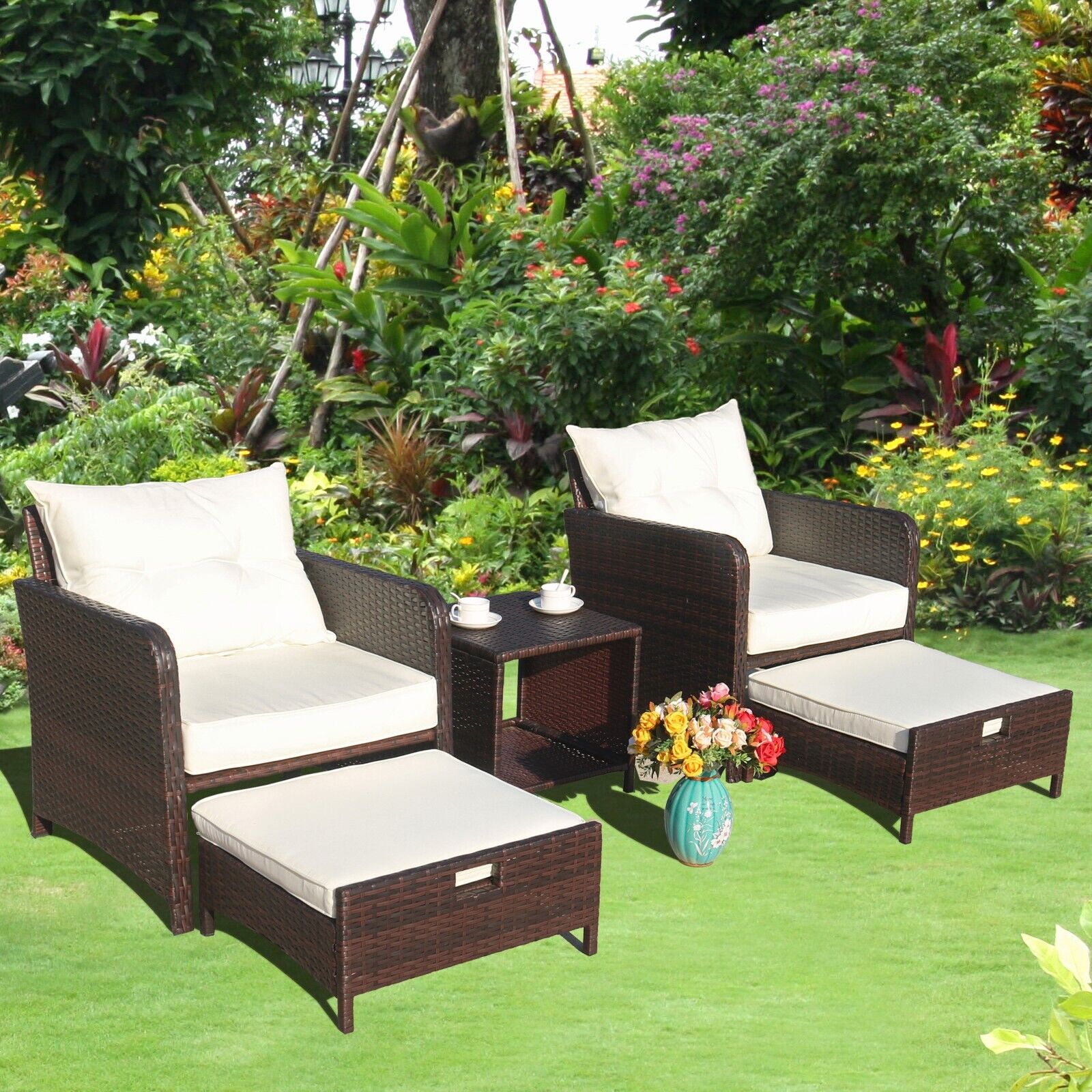 5PCS Patio Furniture Sectional Sofa Set Outdoor Rattan Wicker Couch W/Foot Stool