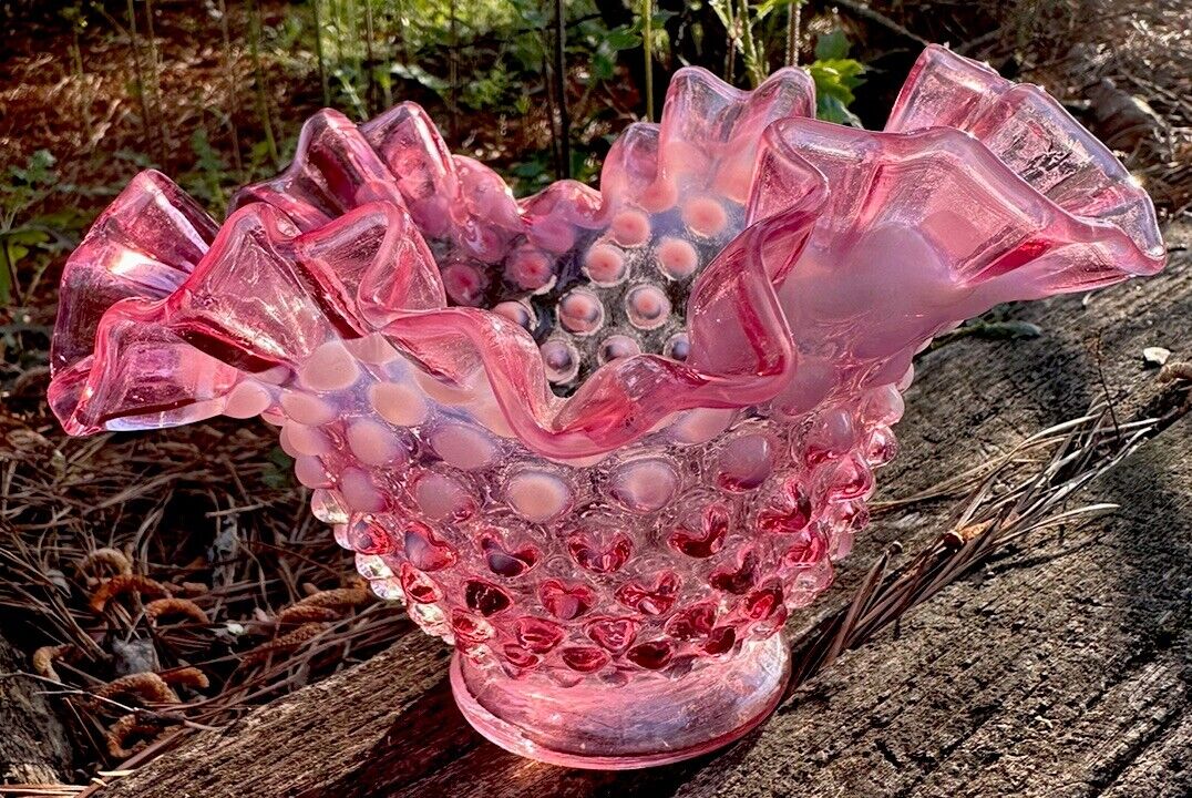 Fenton Hobnail Bowl Cranberry Opalescent Ruffled Edge Vintage