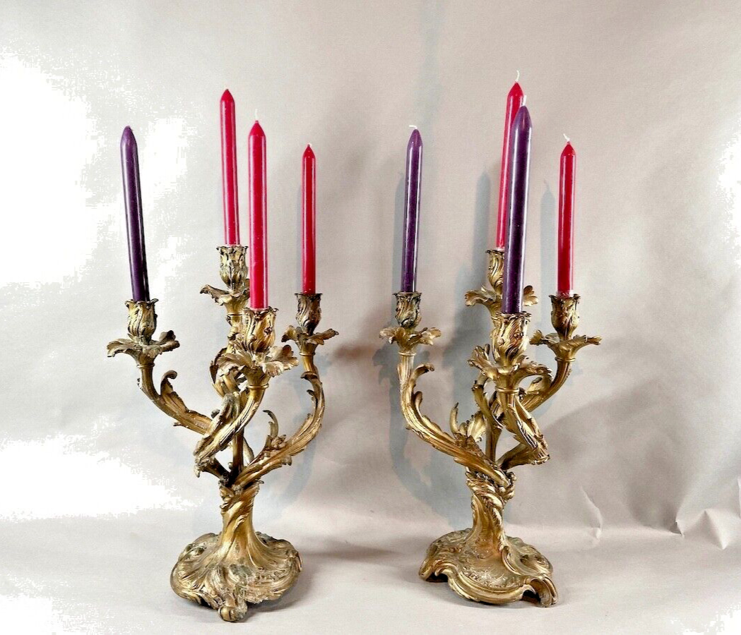 Pair of Antique French Louis XV Bronze Candelabras - 19th Century