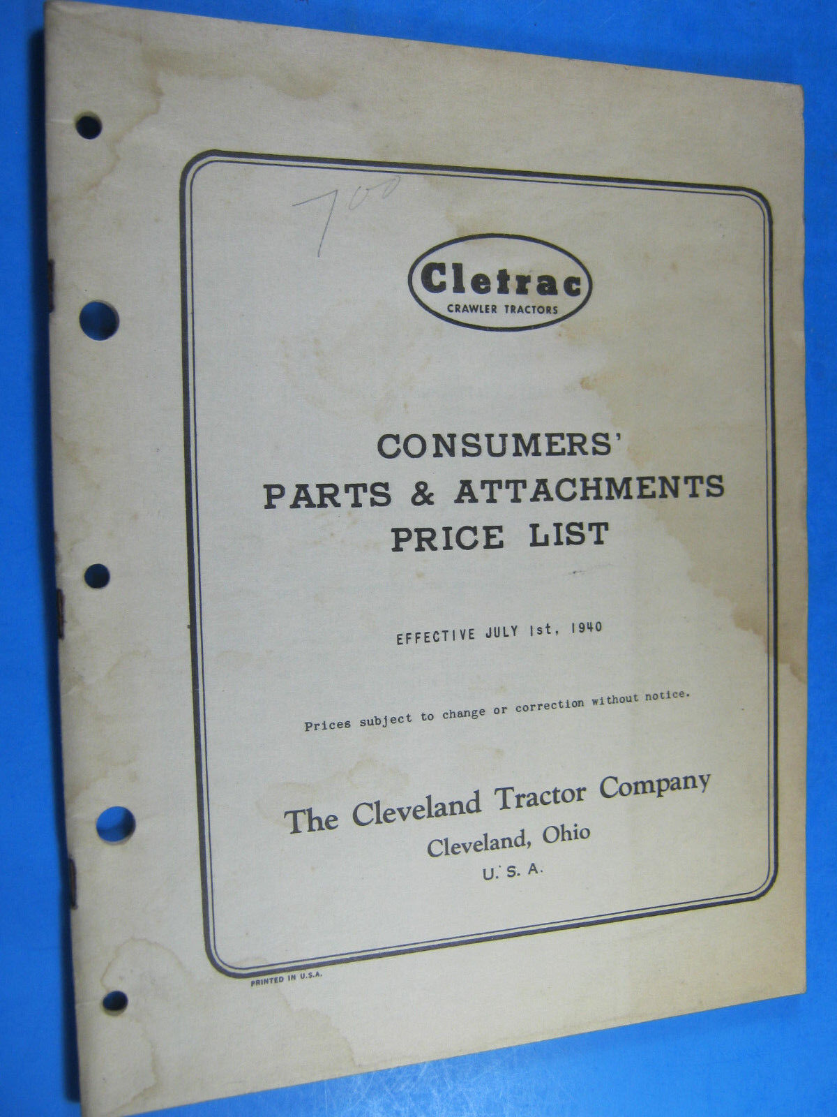 1940 CLETRAC CRAWLER TRACTOR CONSUMERS PARTS ATTACHMENT $$ PRICE LIST 