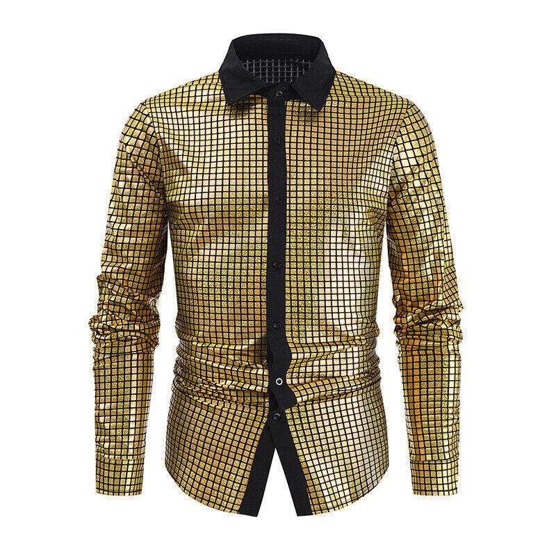 Men's sequin checkered colored striped long sleeved shirt