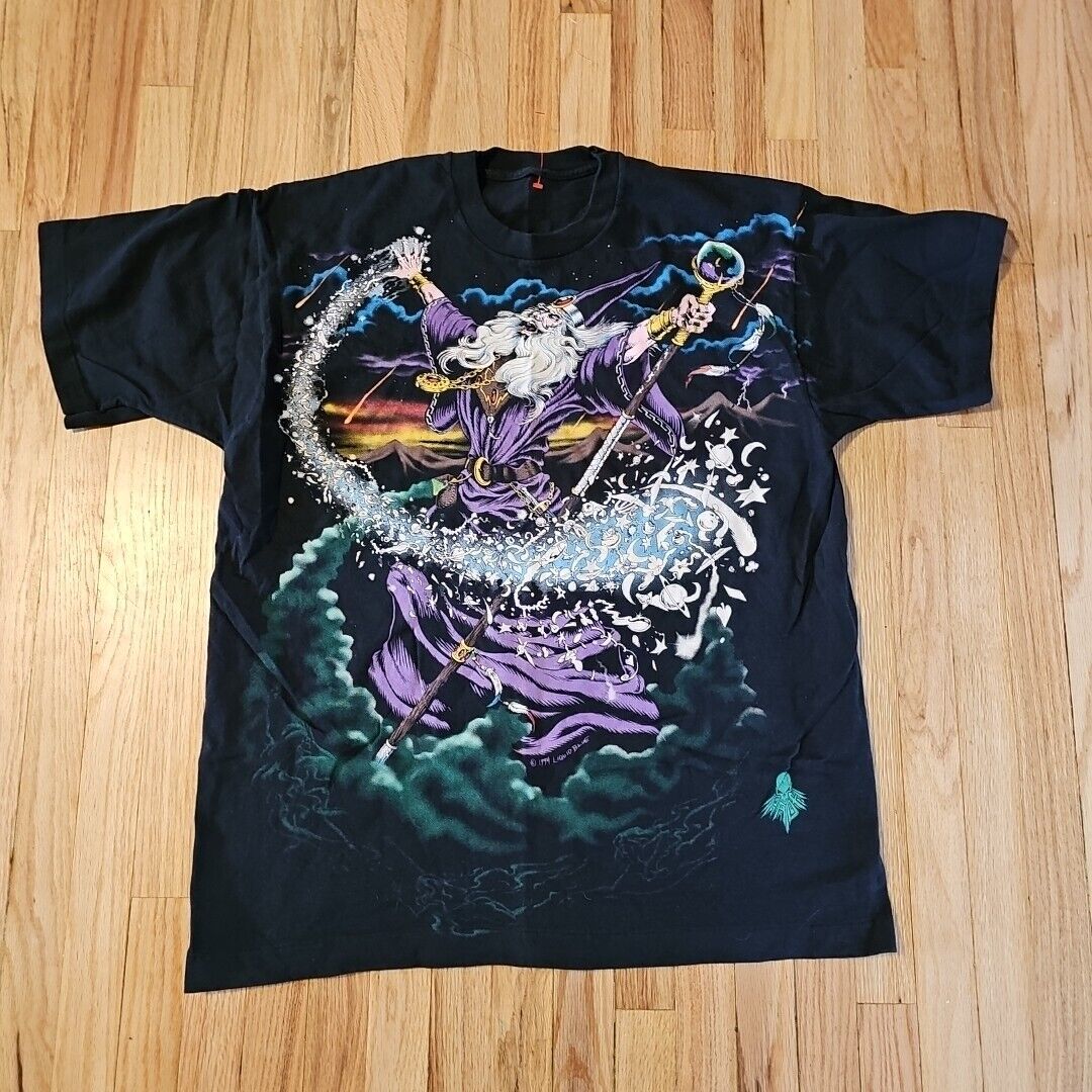 Vintage Wizard Dragon 90s Liquid Blue T Shirt All Over Print 1994 Magic Aop
