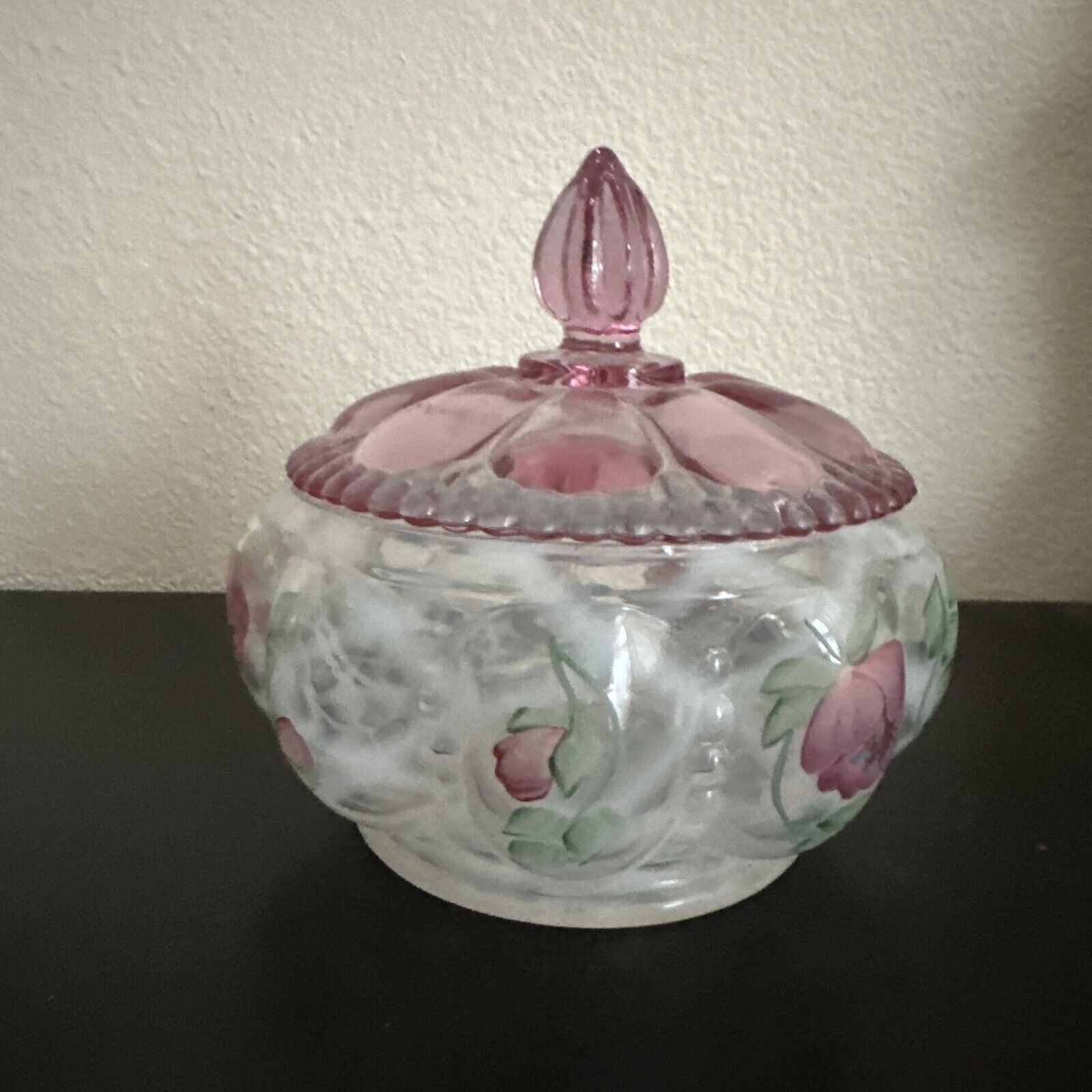 Fenton Large Painted Trellis Melon Powder Box or Candy Jar with Lid